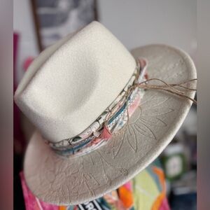 Hand burned hat with fabric detail